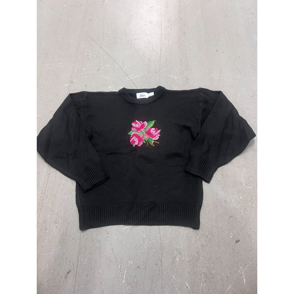 Vintage Alicia Sweater Womens S Black‎ 100% Acrylic Floral Embroidered Granny